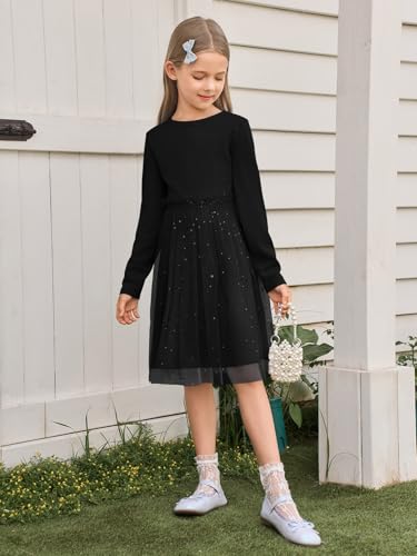 Yousify Girls Ribbed Tutu Dress Kids Long Sleeve Star Sequin Tulle Dress Birthday Party Dresses 5-14 Years4