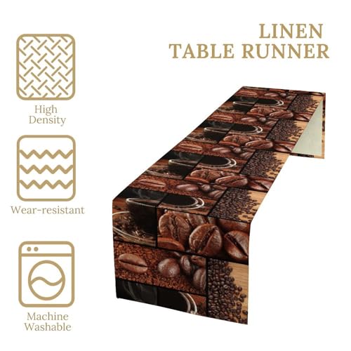 Image of Coffee Print Table Runner Rectangle Modern Art Coffee Cup Coffee Bean Abstract Heart Non-Slip Print for Dining Room Kitchen Living Room Party 13x36 inch