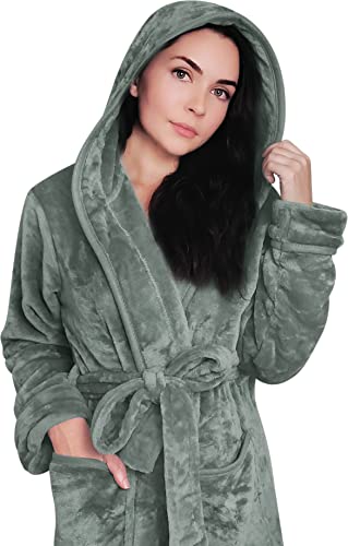 Ny Threads Women Fleece Hooded Bathrobe - Plush Long Robe (Medium, Steel Grey) #TOP2