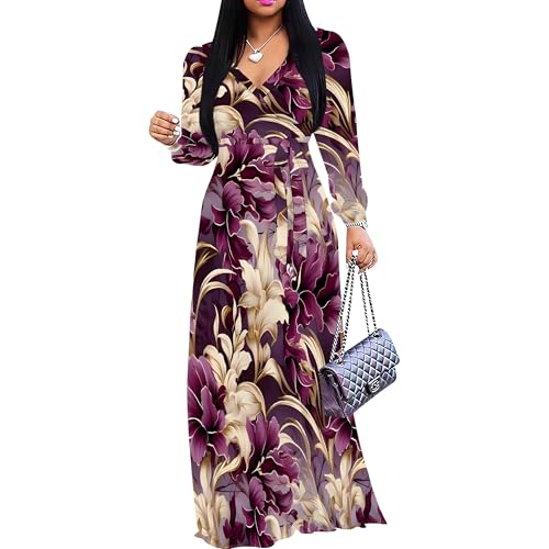 Plus Size Maxi Dresses for Curvy Women Floral Print Flowy Long Puff Sleeve with Belt