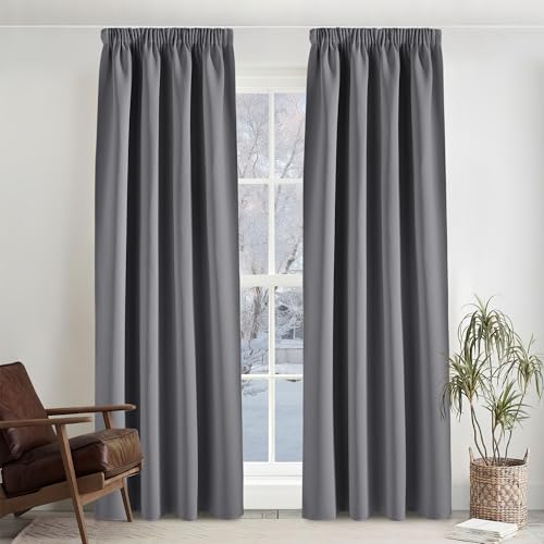 PONY DANCE 90% Verdunklungsvorhänge mit Kräuselband für Schiene 2er Set H 245 x B 140 cm Thermovorhang gegen Kälte Schlafzimmer Gardinen und Vorhänge Grau Blickdicht Curtains for Living Room