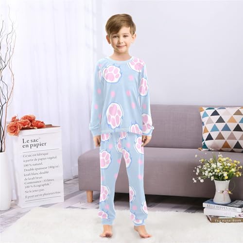 Pajama Set Long Sleeve for Boys & Girls,Cute Cat Paw Pink Kid's Soft Sleepwear Crewneck Loungewear 2 Piece PJ Underwear Set 5T4