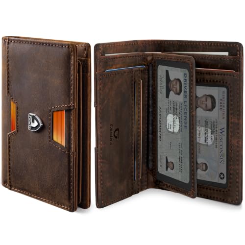 GSOIAX Slim Top Grain Premium Crazy Horse Leather Wallet for Men Bifold Handcrafted Vintage 13 Card Slots & 1 Bill Compartment RFID Blocking, Front Pocket Credit Card Holder with Gift Box (Red-brown)