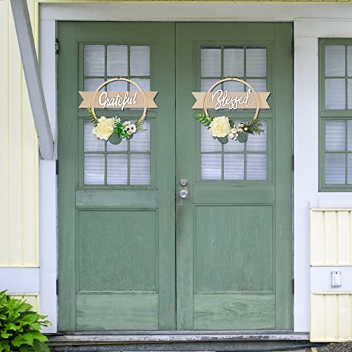 Rosecraft 2Pcs Blessed/Grateful Sign Wall Hanging Decor Include Artificial Green Plant/Fake Flower For Spring/Summer Boho Style Bedroom Home/House Living Room Aesthetic Decor Mother Day/Grandma Gifts #TOP7