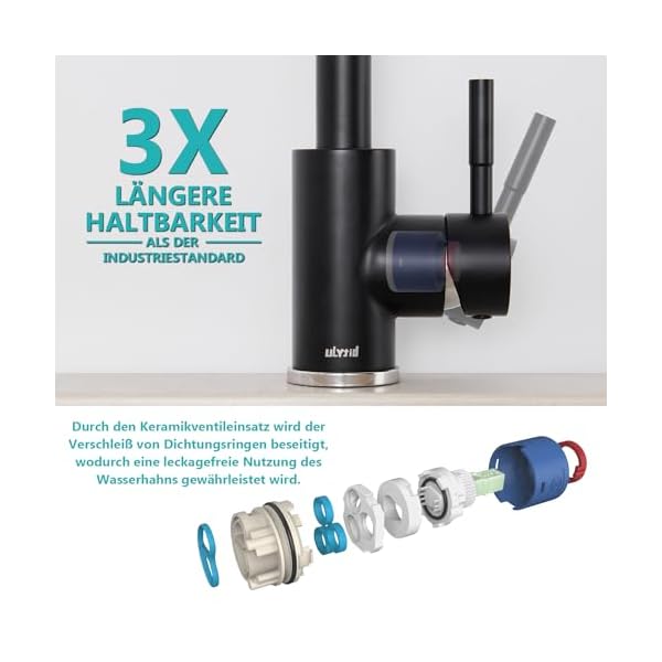Ulytid Wasserhahn Küche Schwarz, Hochdruck Küchenarmatur 360° Drehung, L-Form Mischbatterie Spültischarmatur mit Hoher Auslauf und Luftsprudler, Einhebelmischer Armatur Küchenspüle SUS304 Edelstahl – Bild 6