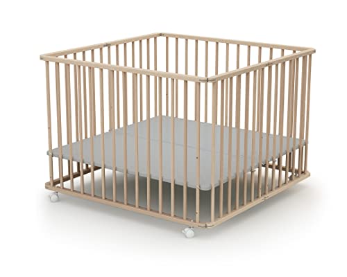 Webaby - Laufstall Baby Faltbar Holz mit Rollen und Matte 100x100 Buche roh| Laufgitter Baby Klappbar XXL | 3 Stufen Höhenverstellbar | Für Kinder bis 24 Monate