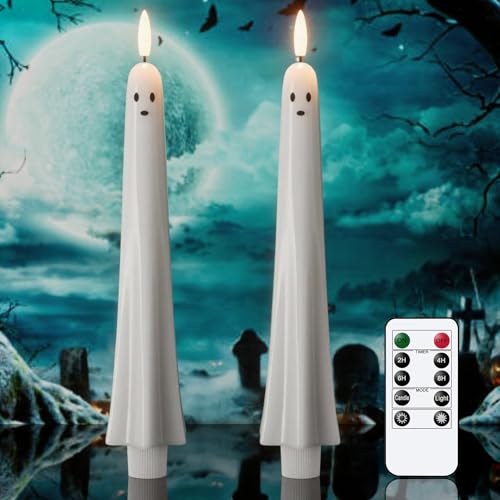 Image of Eldnacele Ghost Halloween Flameless Taper Candles Battery Operated with Remote Timer Set of 2 White LED Flickering Candle Real Wax 3D Wick Long Lasting Spooky Dinner Indoor Decor(0.79 inch D x 9.5 inch H)