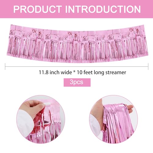 Image of BEISHIDA 3 Packs Metallic Foil Fringe Garland Pink Wall Hanging Tinsel Fringe Banners for Car Floats Birthday Baby Bridal Shower Wedding Graduation Holiday Party Decoration(30 Feet)