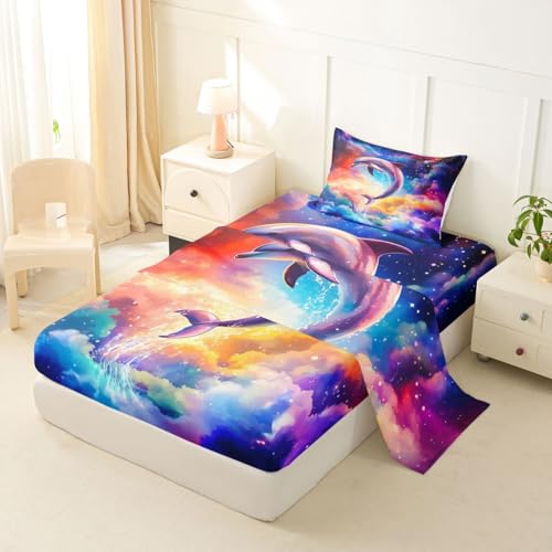 Image of jejeloiu Dolphin Bed Sheets Set Full Size Sea World Bed Set for Kids Boys Girls Tropical Ocean Deep Pocket Fitted Sheet Marine Life Breathable Soft Lightweight Microfiber