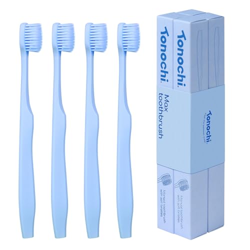 Image of Max Extra Soft Toothbrush for Adults with Sensitive Gums, Soft Bristle Toothbrushes, Wide Head for Back Teeth, Ergonomic Non-Slip Grip, BPA Free, Individually Wrapped, 4 Pack, Sky Blue