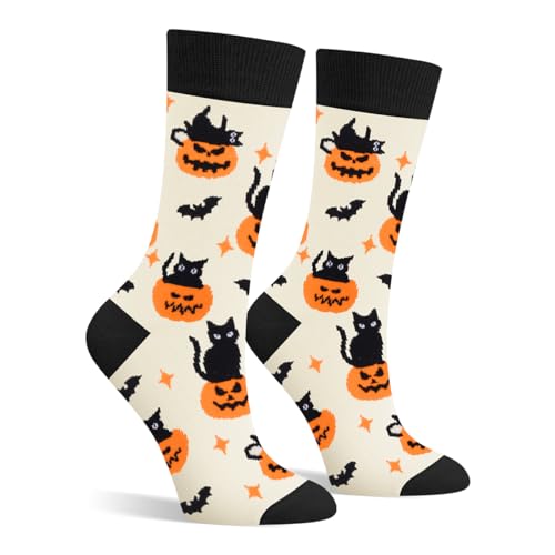 Cantustime Funny Halloween Socks for Women Ladies Teen Girls - Black Cat Bat Pumpkin Jack O Lanterns Fun Cute Novelty Crazy Funky Dress Crew Socks - Halloween Gifts Stockings Costumes