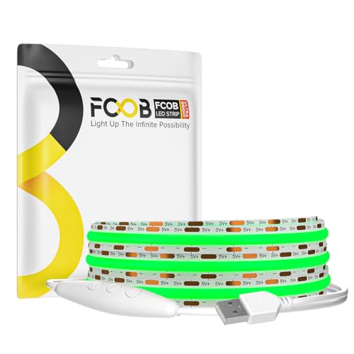 Image of 5V COB Green Led Strip Light 6.56FT USB Powered CRI90+ LED Tape Lights with Dimmer, 8mm Width Dimmable High Density Flexible Strips for TV Under Cabinet Bedroom