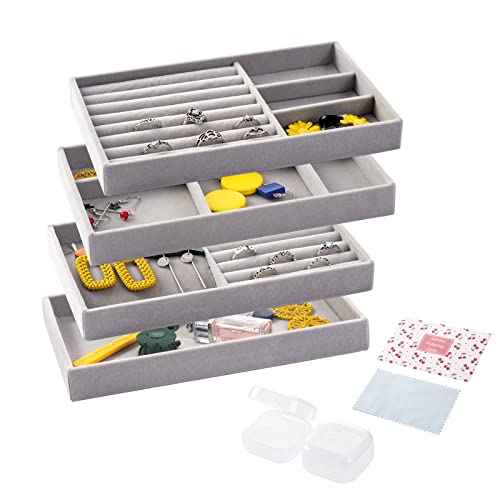 Jewelry Trays Organizer for Drawers, 4 Pack Small Stackable Drawers Jewelry Display Tray for Ring Earring Bangle Bracelet Necklace, Joyeros Organizador de mujer, jewelery organiser (Grey)