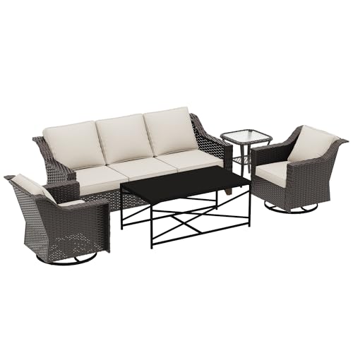 Image of 5 Piece Patio Furniture Set, Wicker Outdoor Conversation Set | Patio Chair Set with Olefin Removable Cushion, All-Weather Outdoor Couch with Deep Seat for Porch, Deck and Backyard, Beige