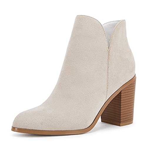 LAICIGO Womens V Cut Ankle Boots Side Zipper Chunky Stacked Heel Suede Comfortable Booties