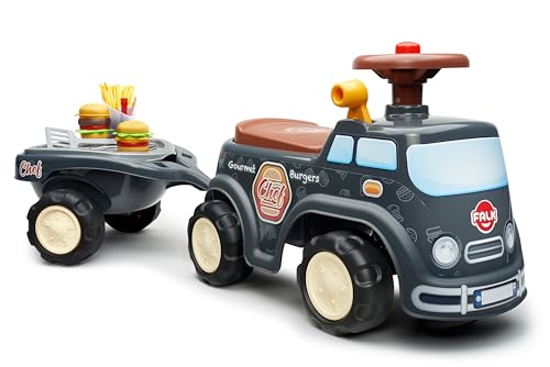 Falk Food Truck Vehicle Toy, with Barbecue Trailer and Chief Cook Accessories, Push Ride-on Toy for Toddler +1 Year FA707C