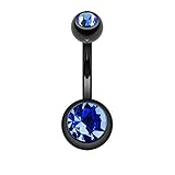 FIFTH CUE 14G Black Titanium Double Cubic Zirconia Barbell Navel Ring (BLUE)