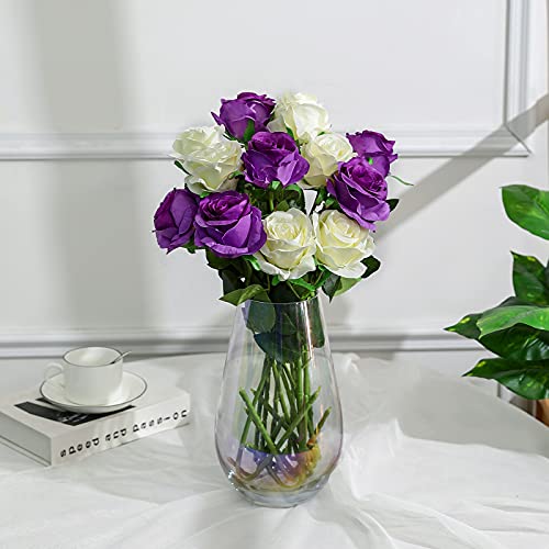 Floralsecret 13 Pcs Artificial Silk Rose Flower Bouquet Faux Flowers(White&purple), White,purple, 20 inches x 3.5 inches - Image 2