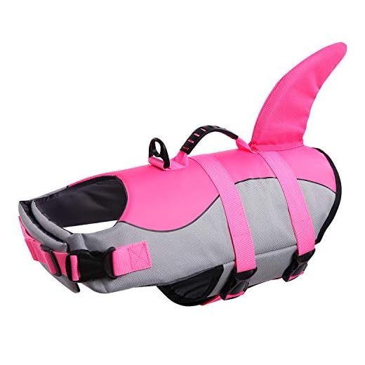 Queenmore Dog Life Jacket Ripstop Dog Safety Vest Adjustable Preserver with High Buoyancy and Durable Rescue Handle for Small,Medium,Large Dogs Pink Shark,M