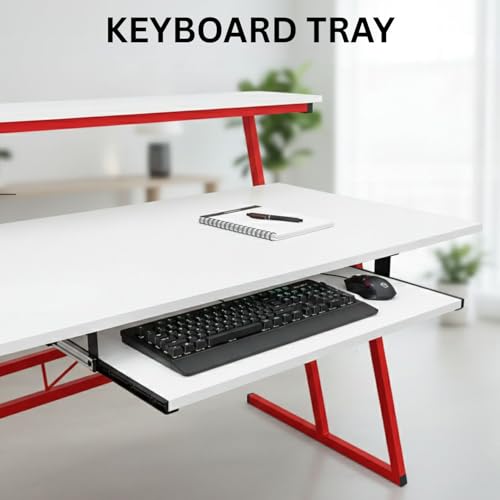 Image of FFO Music Studio Desk with Keyboard Tray Multipurpose Office & Study Table | Workstation Desk for Home, Office, Music Studio, Piano & Instruments Durable Desk with 1 Year Warranty DIY - White /Red