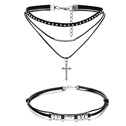 Aroncent Damen Choker Halskette mit Kreuz Leder Kette für Damen und Herren Tattoo Velvet Halsband Nieten Schwarz Halsreif Tattoo Punk Gothic Halskette Retro Cover