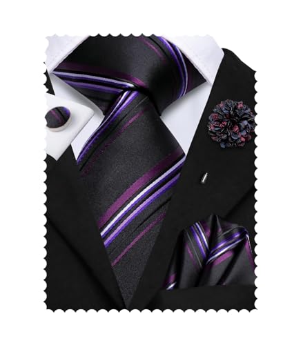 Image of Hi-Tie Mens Black Purple Striped Necktie Classic Formal Woven Necktie Lapel Pin Pocket Square Cufflinks Sets Formal Business Wedding