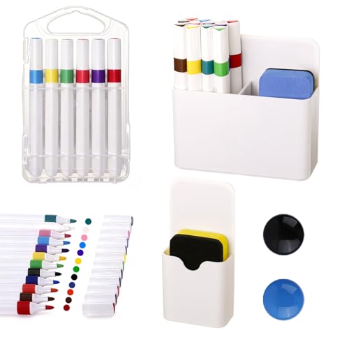 FITNISBRO Magnetischer Stifthalter für Whiteboard 18 Stück Zubehör Set mit 2 magnetischen Stifthaltern 12 Marker Schwamm & Magnetknöpfe für Schule Büro Kühlschrank