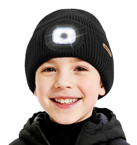 Wmcaps Kinder Mütze mit LED Licht Weiche und Kuschelige Wintermütze mit Licht mit Dickem Warmem Futter Wiederaufladbare Typ-C Fleece Strickmütz Geschenke für Jungen und Mädchen