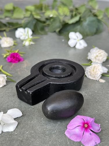 Image of Shivam VASTU AKAL 1.5 inch Original Narmadeshwar Narmada Shivling with 3 inch Narmada Stone Yoni Base Jaladhari (Black Shivling, Black Flate Jaladhari)