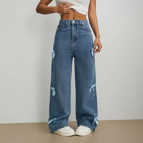 Oplxuo Jeans for Women Teen Girls Cute 3D Bows Denim Pants Y2K High Waisted Straight Leg Baggy Jeans Casual Preppy Clothes2