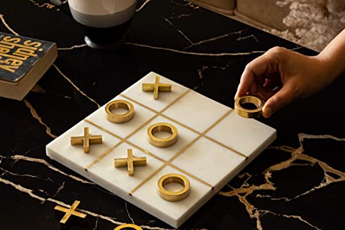 Image of MARBLEOUS Marble Tic Tac Toe Game, Marble Brass Game (with 5 Solid Brass X's O's), Marble Board Game, Board Game for Kids, Marble Game, Coffee Table Decor