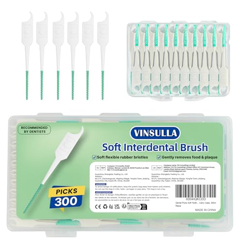 Image of VINSULLA Soft Silicone Interdental Brushes, 300 Count | BPA-Free Flexible Dental Picks with Travel Case for Gentle Teeth Cleaning, Green