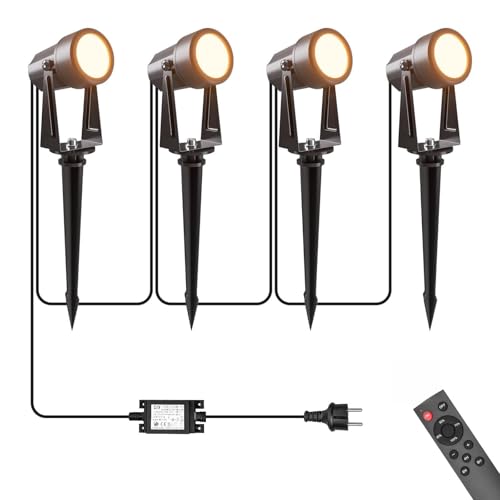 LONIUTO Illuminazione da giardino con alimentazione 17M, 3W*4 pezzi Faretti da esterno con Funzione telecomando e timer 3000K Bianco caldo, IP65 Impermeabili per sentieri, prati, cortili, terrazze