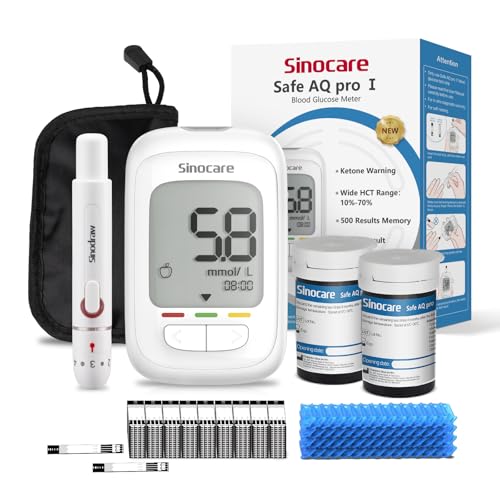 sinocare Blood Sugar Testing Kit/Blood Glucose Monitor Safe AQ Pro I, with Blood Ketone Warning, with Strips x 50 & Lancing Devices x 50 & Carrying Bag, 500 Memory, Results in mmol/L