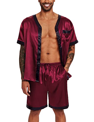 Ekouaer Silk Pajamas for Men Satin Pajama Shorts 2 Piece Button Down Pj Set V Neck Sleepwear Loungewear with Pockets S-XXL