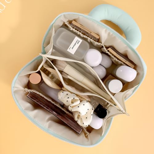 Image of Travel Makeup Bag for Women | Portable Cosmetic Organizer with Handle & Zipper | Waterproof Toiletry Pouch for Makeup Brushes, Skincare & Accessories (Cross Open Bag, Purple)