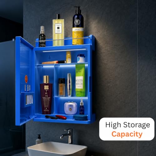 Image of CIPLA PLAST Rich Look Plastic Wall-Mounted Bathroom Mirror Cabinet with Storage Shelves, Single Door, Bathroom Mirror Cabinet with Towel Holder | (Blue)