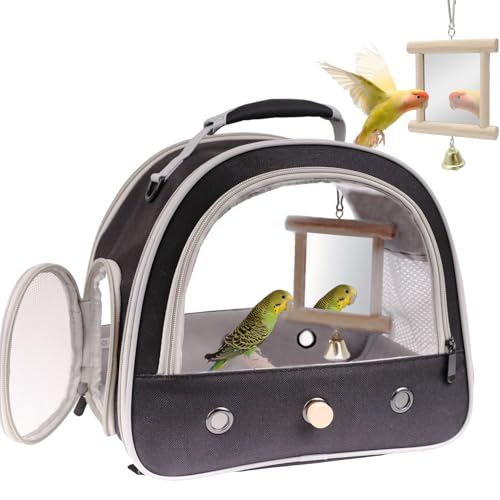 Image of Parrot Travel Cage Carrier with Bird Cage Bells Mirror Set,Portable Small Bird Parakeet Bag with Standing Perch and Comfy Mat Bird Carry Transport Bag with Clear Window Outdoor Adventure