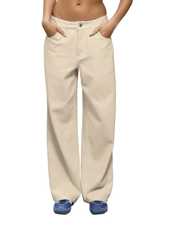 Women’s Cream High Waist Denim Jeans | Straight, Relaxed, Wide Leg & Baggy Fit | High Rise Loose Oversized Denim Pants for Women(WD_Cream_M_34)-image-45