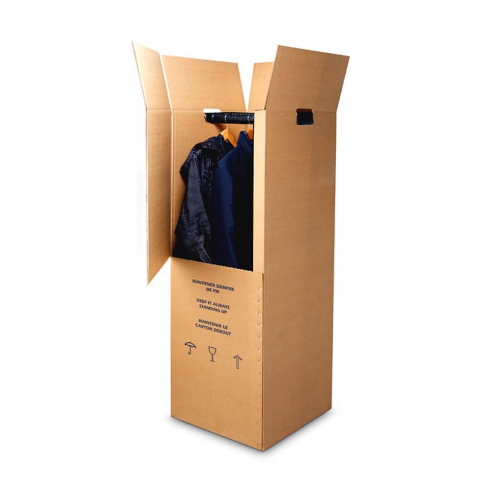 Caja Armario para Ropa con Percha - Pack de 5 Unidades, Cajas de Cartón Doble Onda para Mudanza, Armario Portátil (largo x ancho x alto): 52 x 50 x 130 cm, Servicio Entrega Mercancía Paletizada