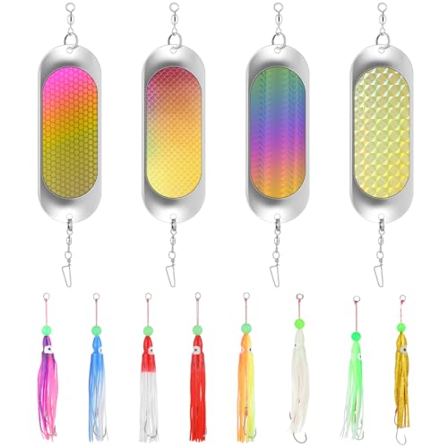 LaRandom 4 Pcs Flashers for Kokanee Salmon Fishing 8 Pcs Squid Fishing Hoochies- Reflective Chrome Finish Glowing Fresh Kokanee Salmon Trolling Lures with Pre-Rigged Octopus Hooks