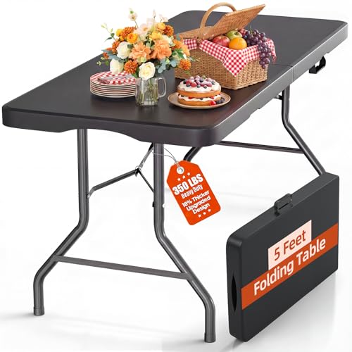 LUCKPRO 5ft Folding Table Heavy Duty 350 LBS Capacity Foldable Table with 18% Thicker HDPE Waterproof Top & Reinforced Steel Frame Portable Fold-in-Half Table for Outdoor Indoor Party Wedding Camping