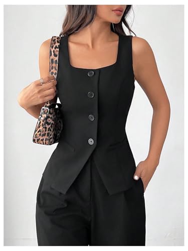 Floerns Women's Elegant Sleeveless Button Front Vest Split Hem Business Suit Jacket4