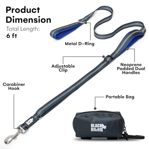 Black Rhino Heavy Duty Dog Leash for Medium and Large Dogs - 6 ft Long Double Handle Leash with Padded Traffic Control Handles and Bag for Comfort - Reflective, Durable, and Weather Resistant (Blue) - Image 4