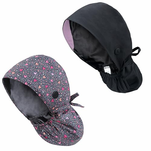 Image of Satin Lined Scrub Cap for Women, Bouffant Nurse Cap with Sweatband and Buttons, Adjustable Surgical Hat for Curly Hair, Braids, Long Hair and Buns, Cheetah Heart&Blk
