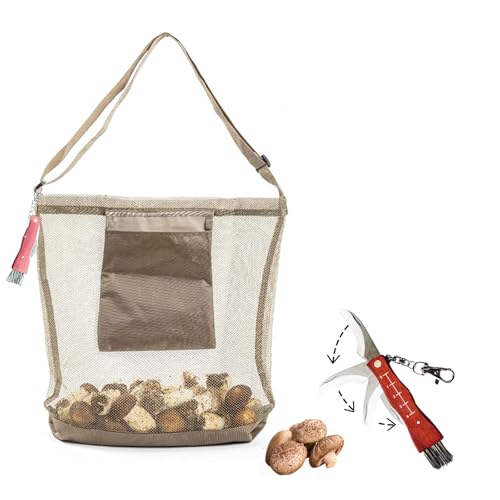Morel Mushroom Mesh Foraging Bag Kit with Bottom Support, Hunting Harvesting Foraging Tote Bag with Tool, Adjustable Picking Bags, Sacks for Mushroom Decor Lovers 14.1x16.5x3.5 inch