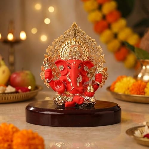 Image of Gold Plated Kalpavrikshya Tree Ganesh Idol Ganpati Murti for Car Dashboard, Office Desk, Hindu God Gift & Home Decor - Resin (Red) - 3 Inches - Pack of 1