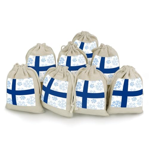Finland Finnish Flag with Snowflakes 8 Pack Small Gift Bags Cotton And Linen Drawstring Pockets Sachet Bag for Party Home Supplies