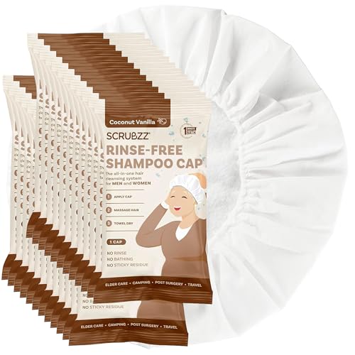 Scrubzz Shampoo Caps No Rinse for Elderly and Bedridden Patients, Rinse Free Shampoo Caps for Post Surgery and Hospital Stays, Waterless Hair Washing Shower Caps - Coconut Vanilla - 24 Pack