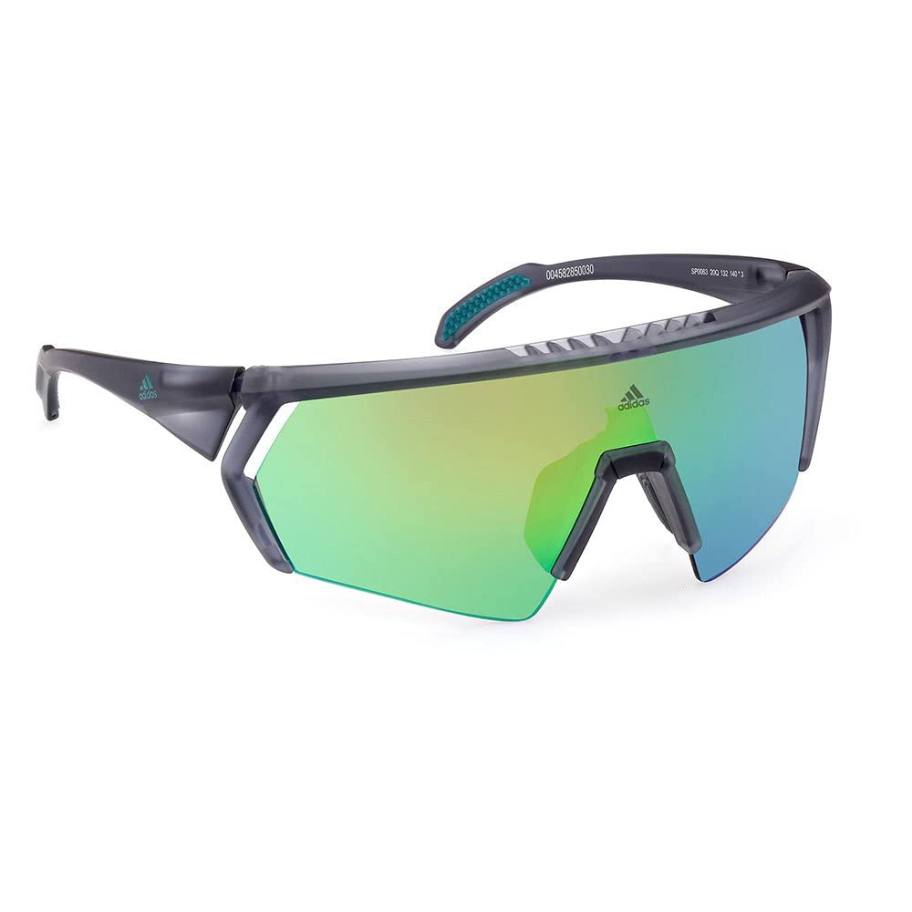 adidas Sport SP0063 Occhiali da Sole Uomo, Occhiali da Sole Sportivi Sottili e Leggeri, Forma Lente Maschera, Lenti Verde Specchiato, Grigio